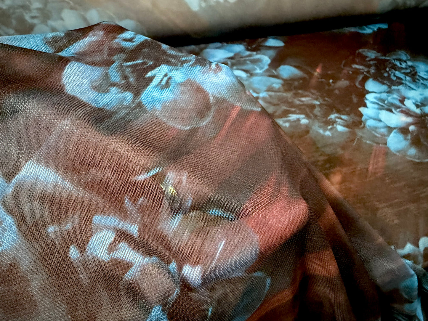 Power mesh net stretch spandex fabric, per metre - sunbeams on flowers - black & blue