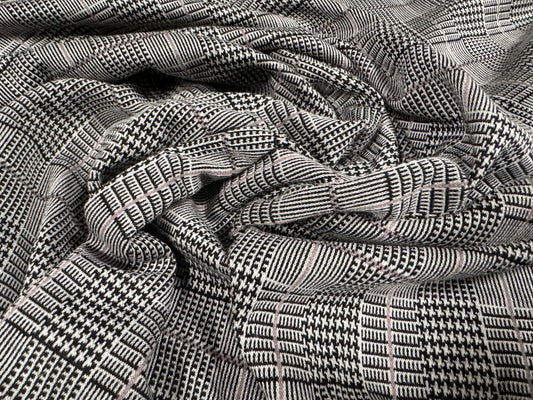 Stretch spandex double jersey knit fabric, per metre - Prince of Wales check jacquard - grey with pink detailing