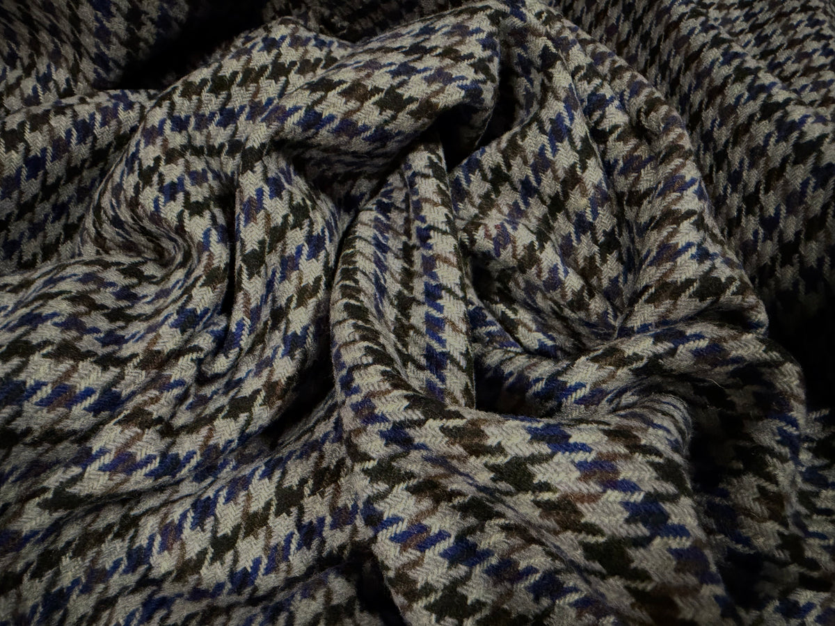 Heavyweight wool fabric, per metre - dogtooth check - grey brown & blue