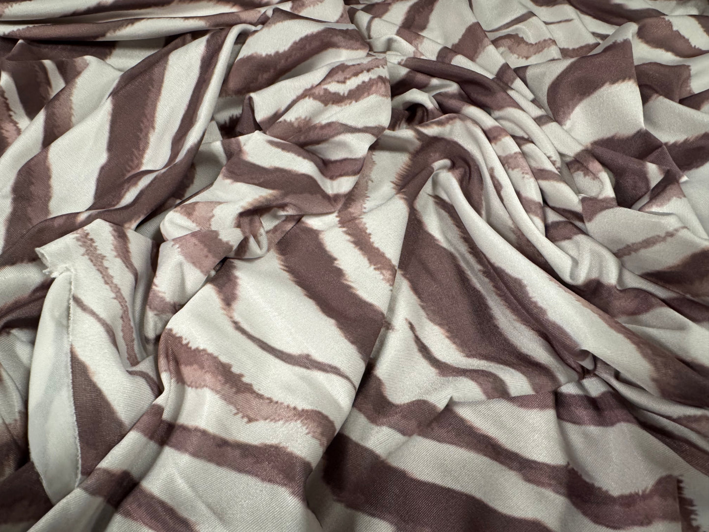 Soft touch stretch spandex single jersey fabric, per metre - zebra animal print - cappucino