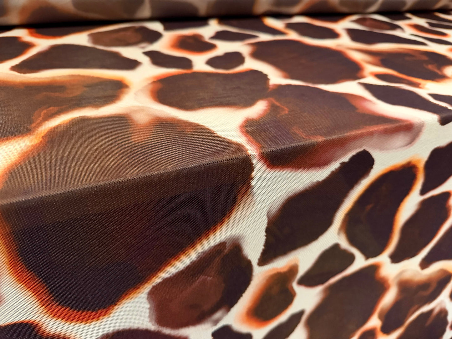 Power mesh net stretch spandex fabric, per metre - giraffe print - brown orange & cream