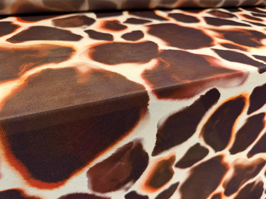 Power mesh net stretch spandex fabric, per metre - giraffe print - brown orange & cream
