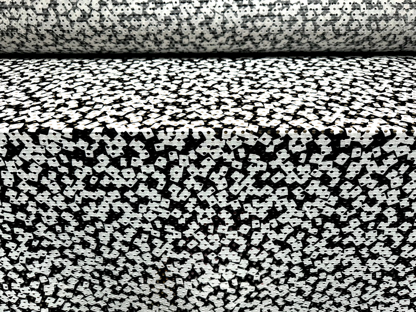 Stretch spandex jersey burnout fabric, per metre - stylised geometric print - black & white