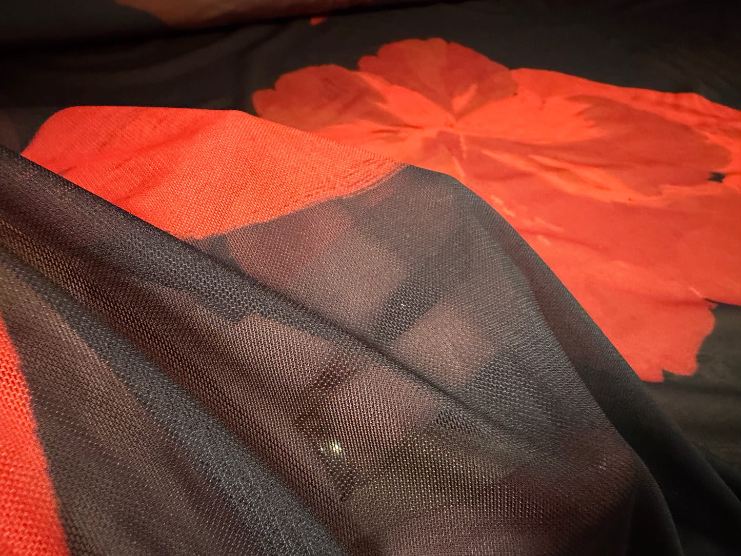Power mesh net stretch spandex fabric, per metre - giant lily print - black & red