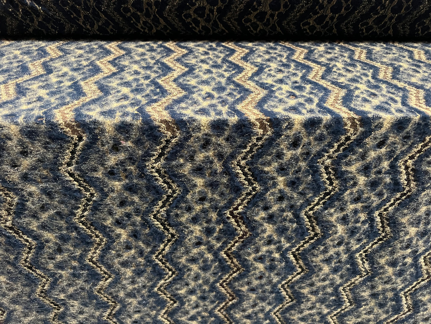 Couture stretch brushed jersey fabric, per metre - animal print - navy blue & gold