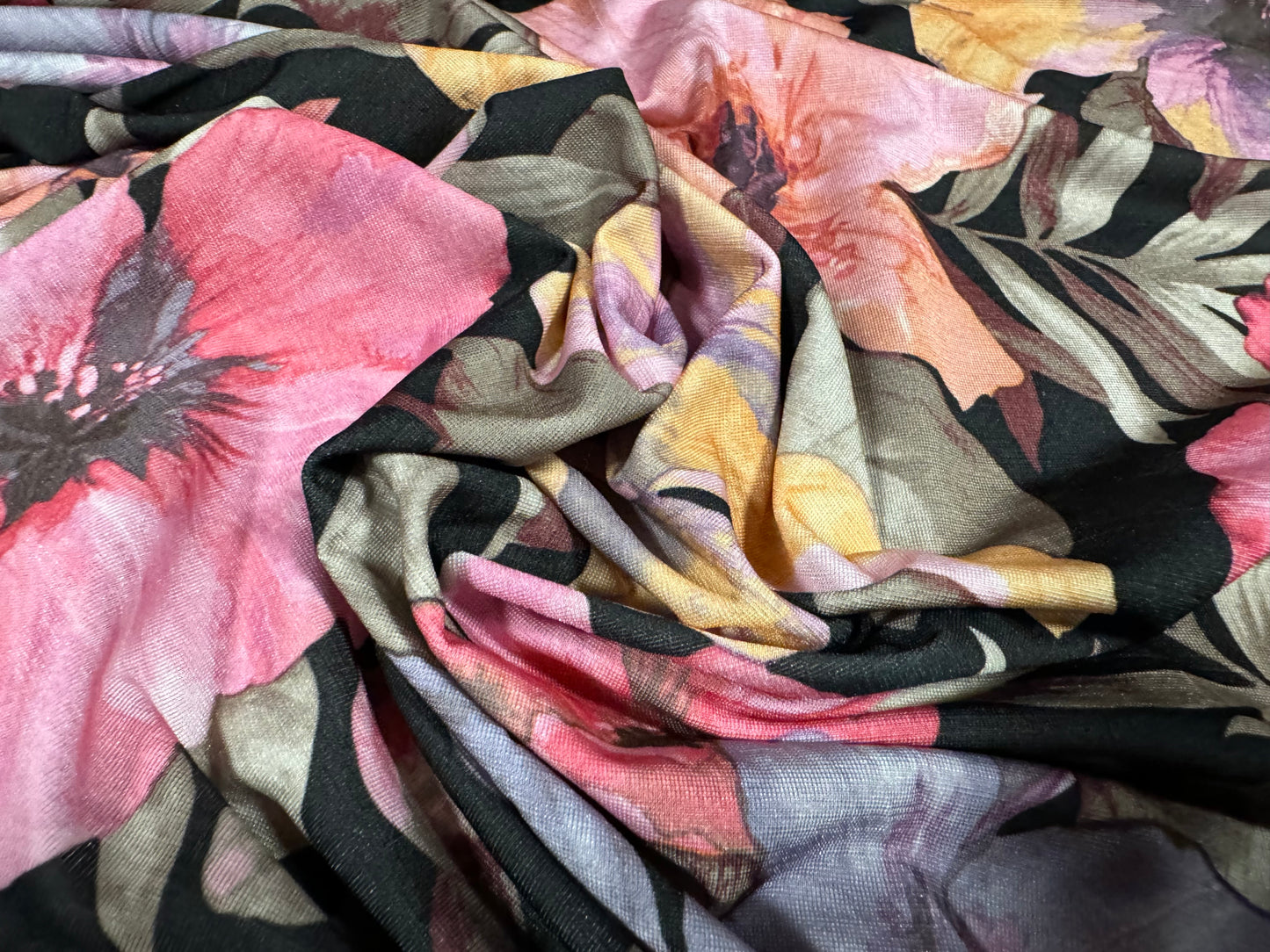 Finely textured stretch spandex single jersey fabric, per metre - orchid flower print - black & pink