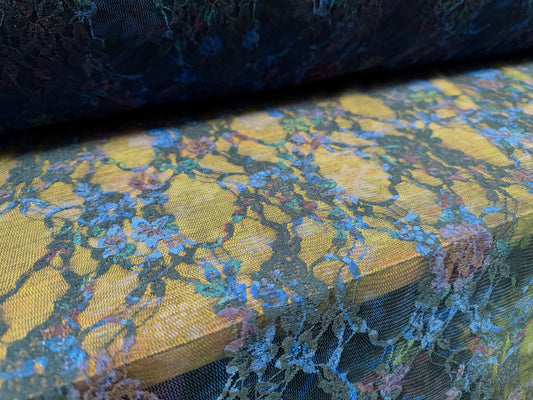 Stretch spandex mesh lace fabric, per metre - floral print - navy, Royal blue & plum
