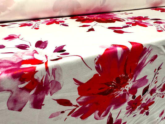 Scuba stretch spandex double jersey dress fabric, per metre - orchid flower print - pink red & white