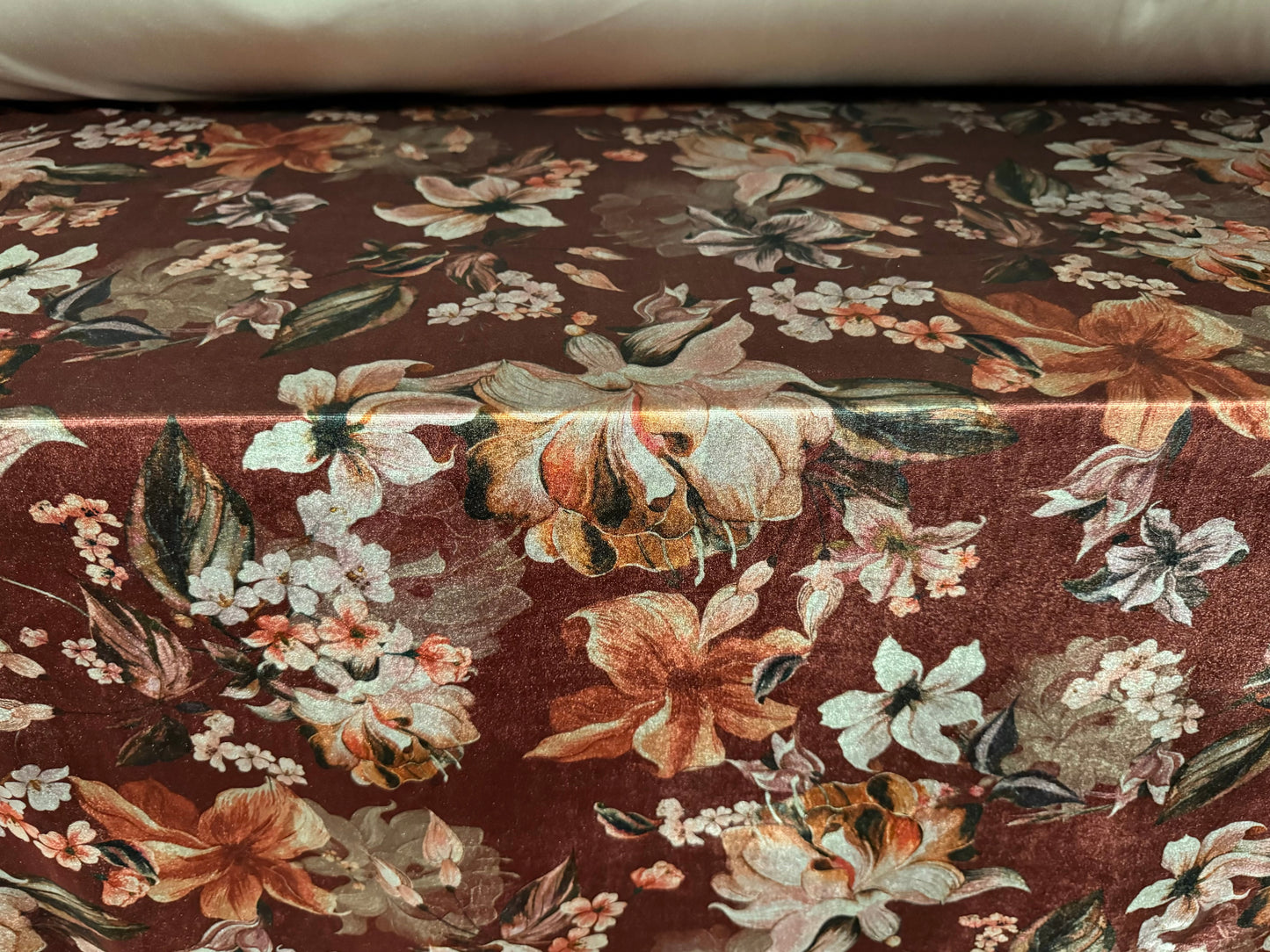 Spandex velvet stretch dress fabric, per mere - lily floral print - chestnut brown