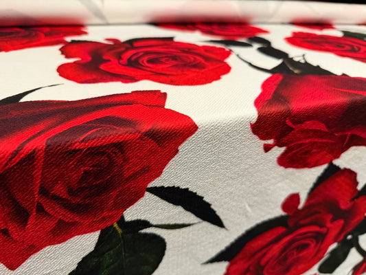 ‘Liverpool’ stretch textured double jersey fabric, per metre - rose print - red
