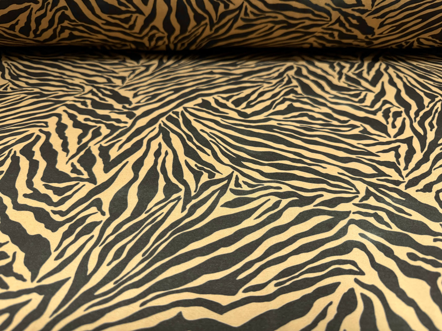 DTY stretch spandex single jersey fabric, per metre - zebra animal print - light brown