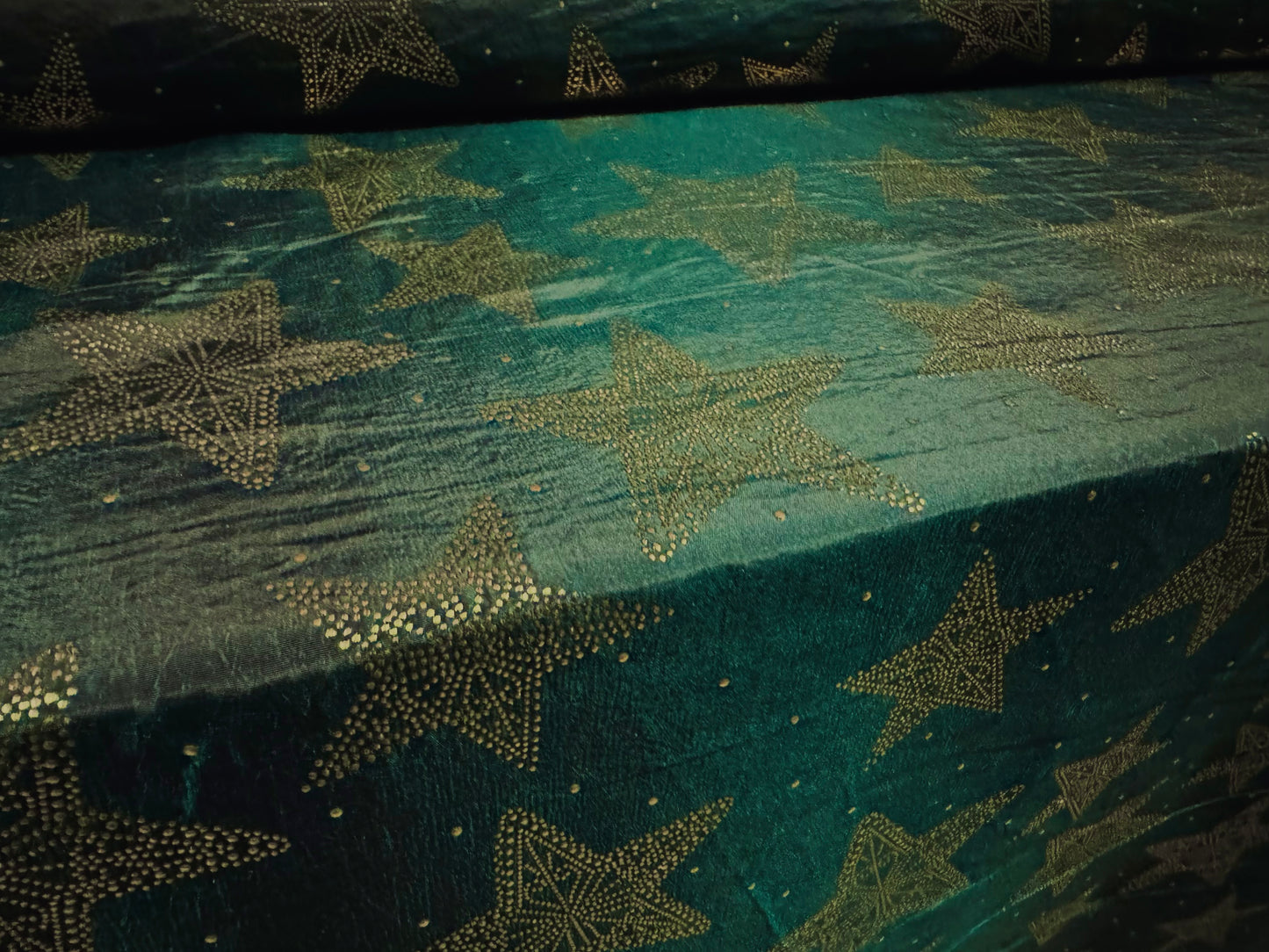 Taffeta faux silk fabric - metallic stars print - bottle green & gold