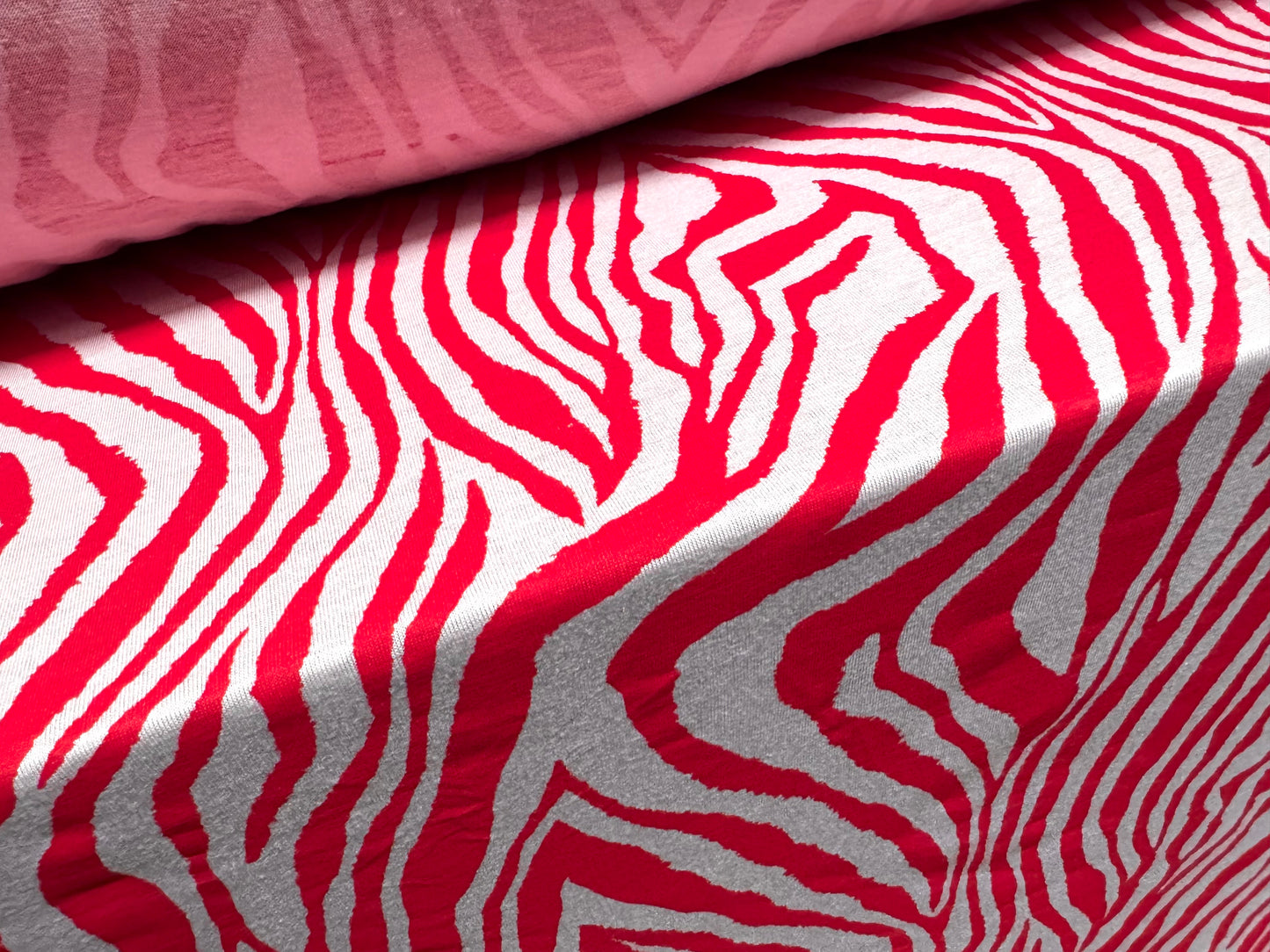 Viscose spandex stretch single jersey fabric, per metre - zebra animal print - red & white