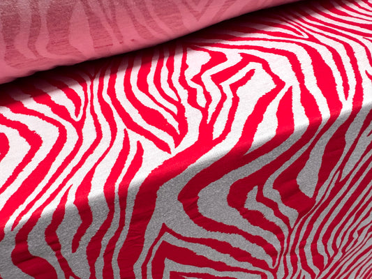 Viscose spandex stretch single jersey fabric, per metre - zebra animal print - red & white