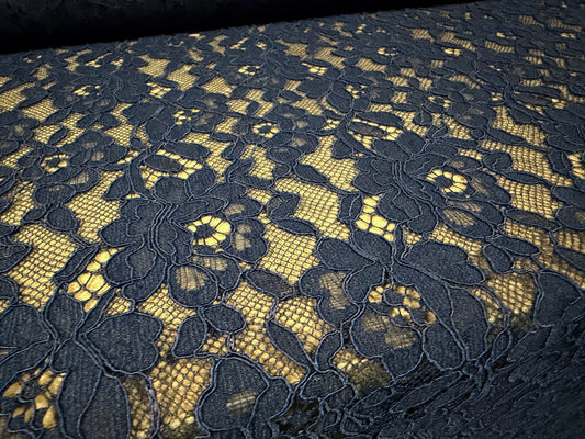 Corded Alencon lace dress fabric with decorative selvedge, per metre - floral - navy