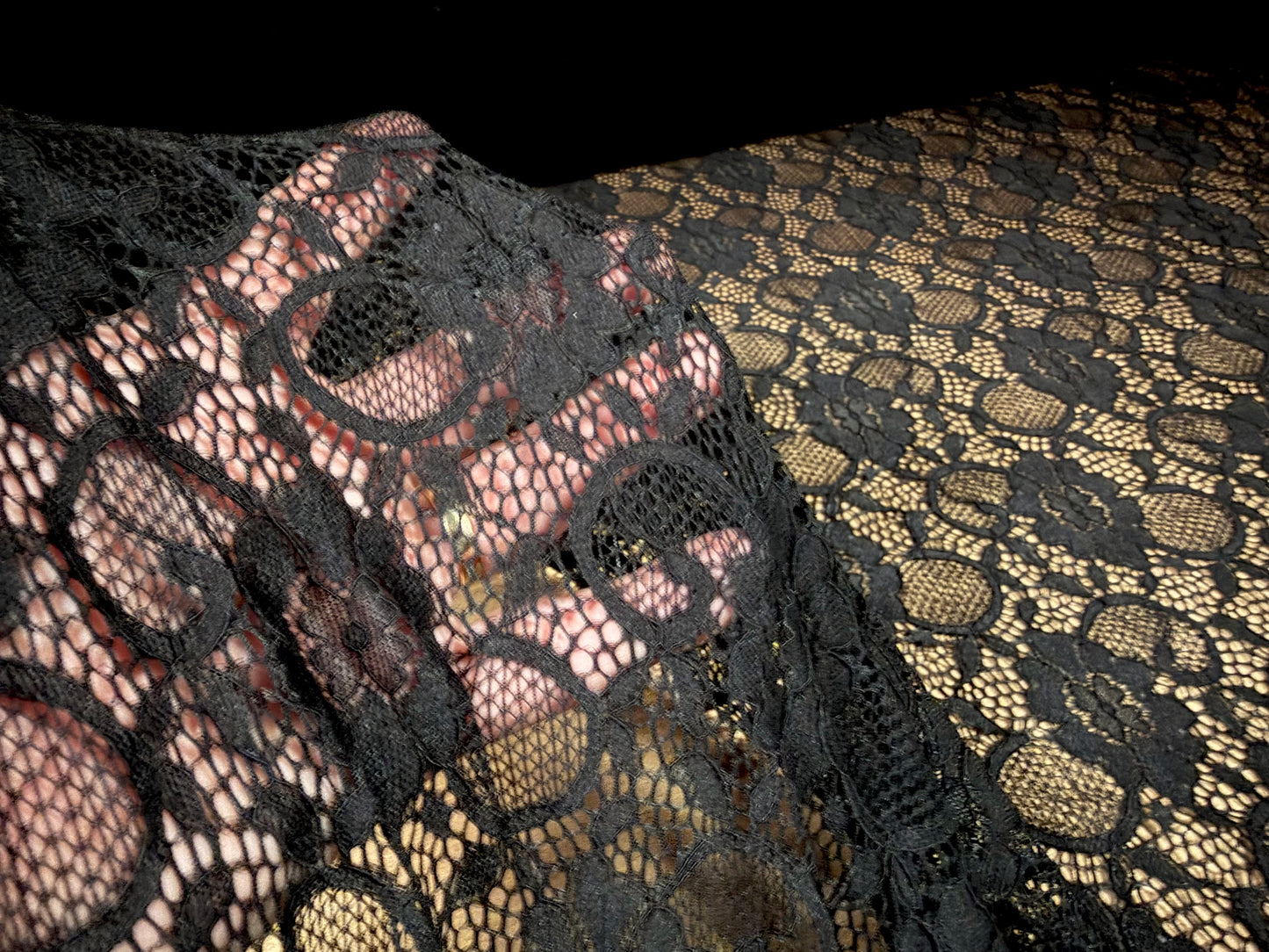 Stretch spandex lace dress fabric with scalloped selvedge, per metre - floral - black