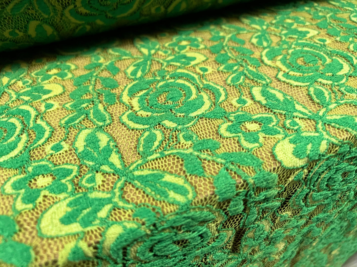 Stretch lace dress fabric, per metre - floral rose design - bicolour - emerald & lime green