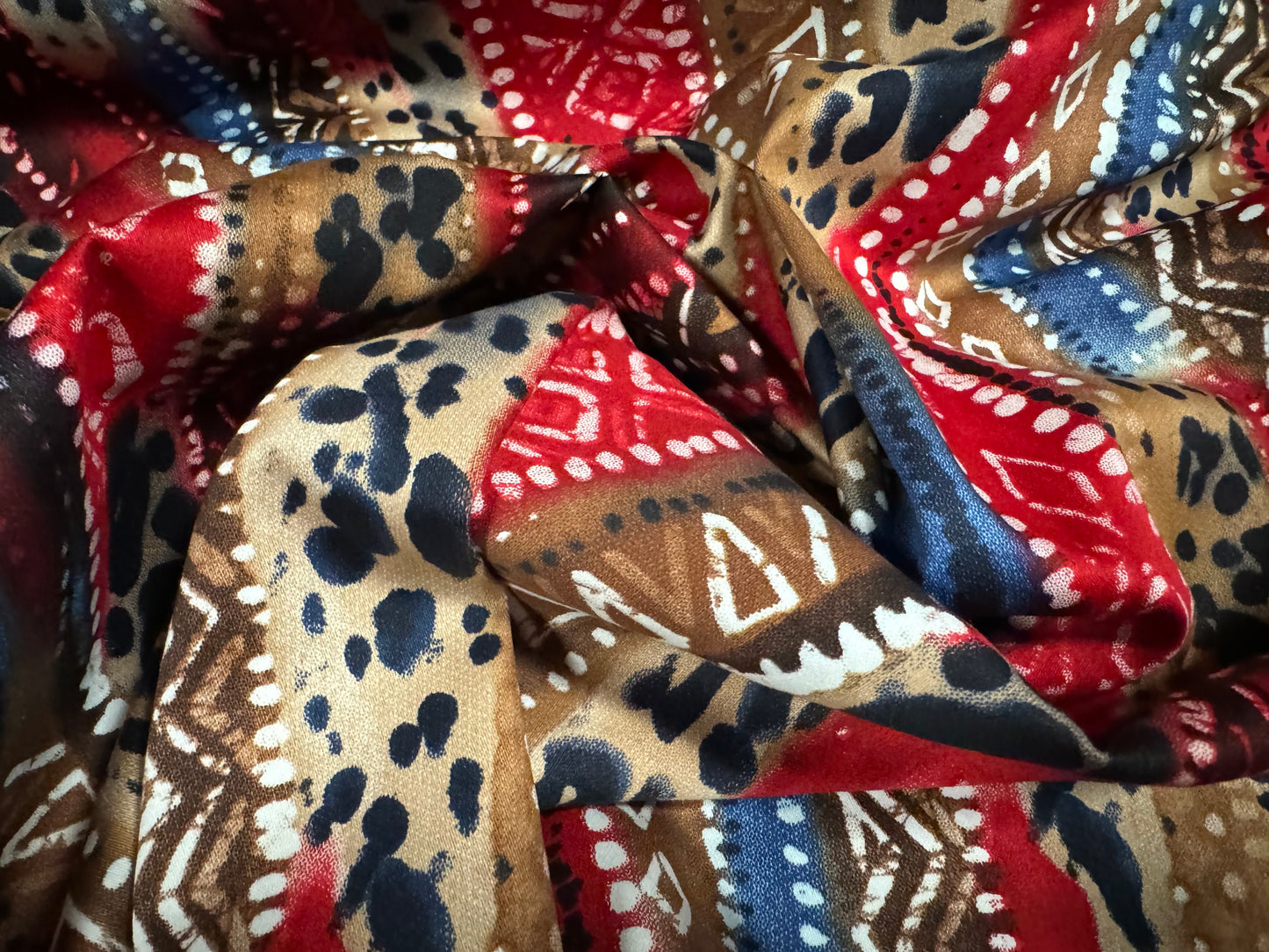 Cotton stretch sateen fabric, per metre - Aztec print - red brown & blue