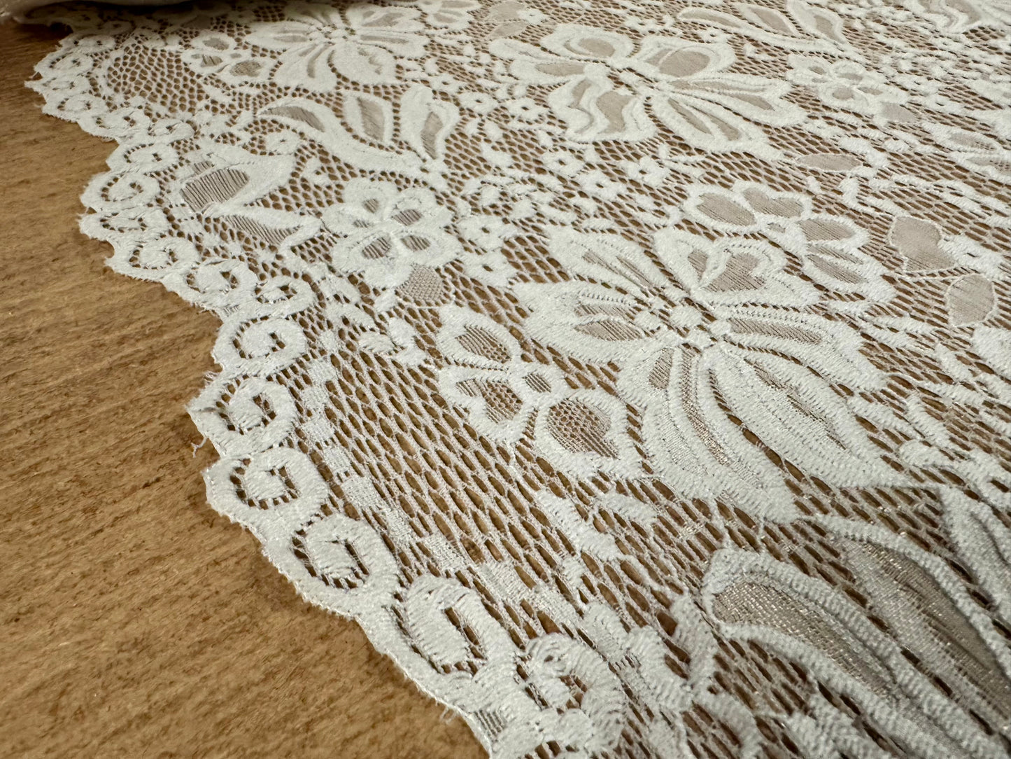 Soft stretch lace dress fabric, per metre - scalloped selvedge - flower design - cream