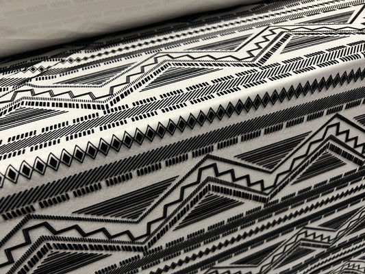 Stretch spandex double jersey fabric, per metre - flocked aztec print - white & black