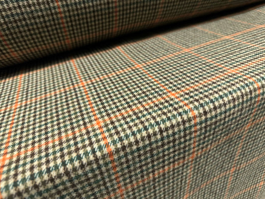 Wool mouflon coat jacket fabric, per metre - plaid check - stone orange & emerald