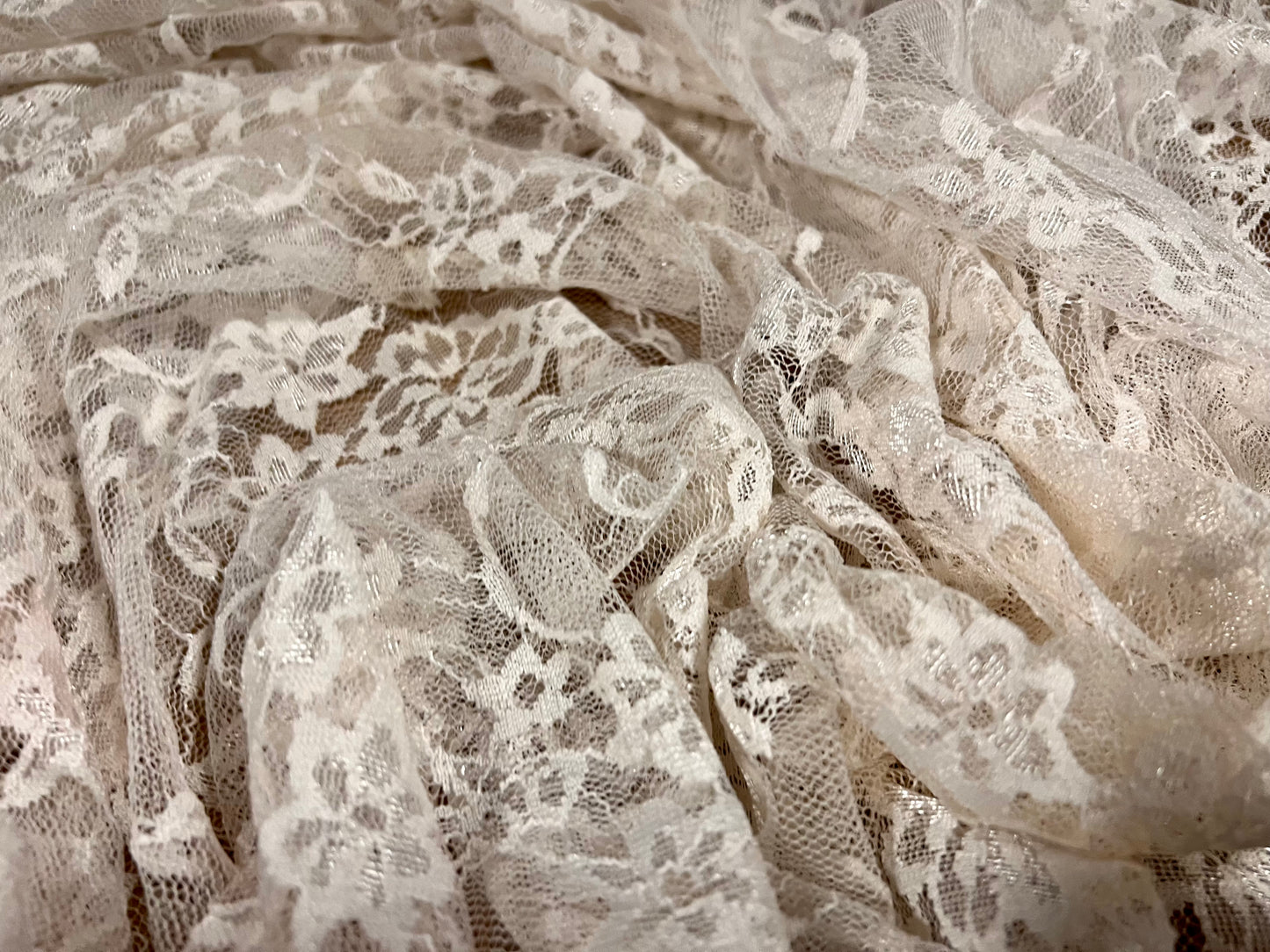 Stretch spandex mesh lace net fabric, per metre - floral - oyster