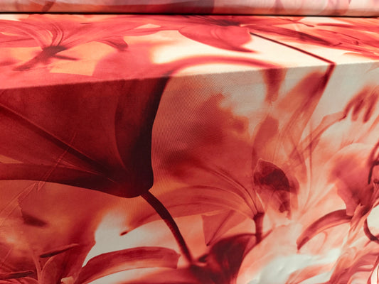 Power mesh net stretch spandex fabric, per metre - jumbo orchid print - burnt coral & cream