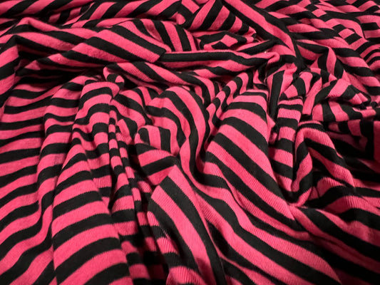 Viscose blend single jersey fabric, per metre - stripe - fuchsia & black