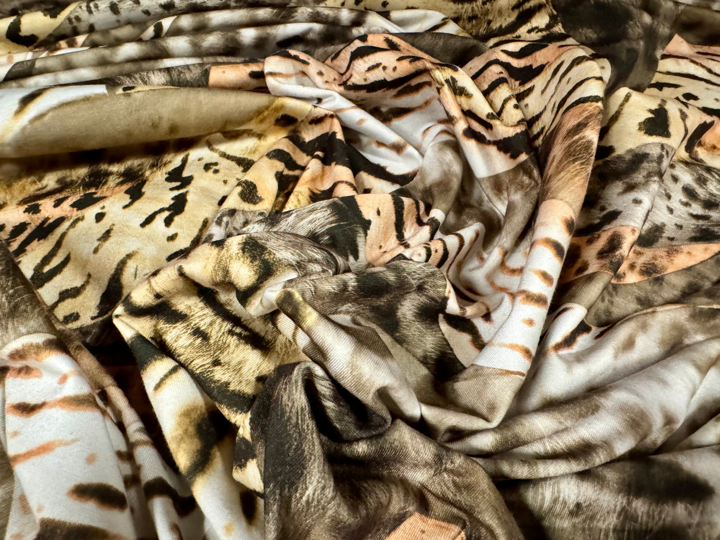 Stretch spandex interlock jersey fabric, per metre - animal collage print - beige & gold