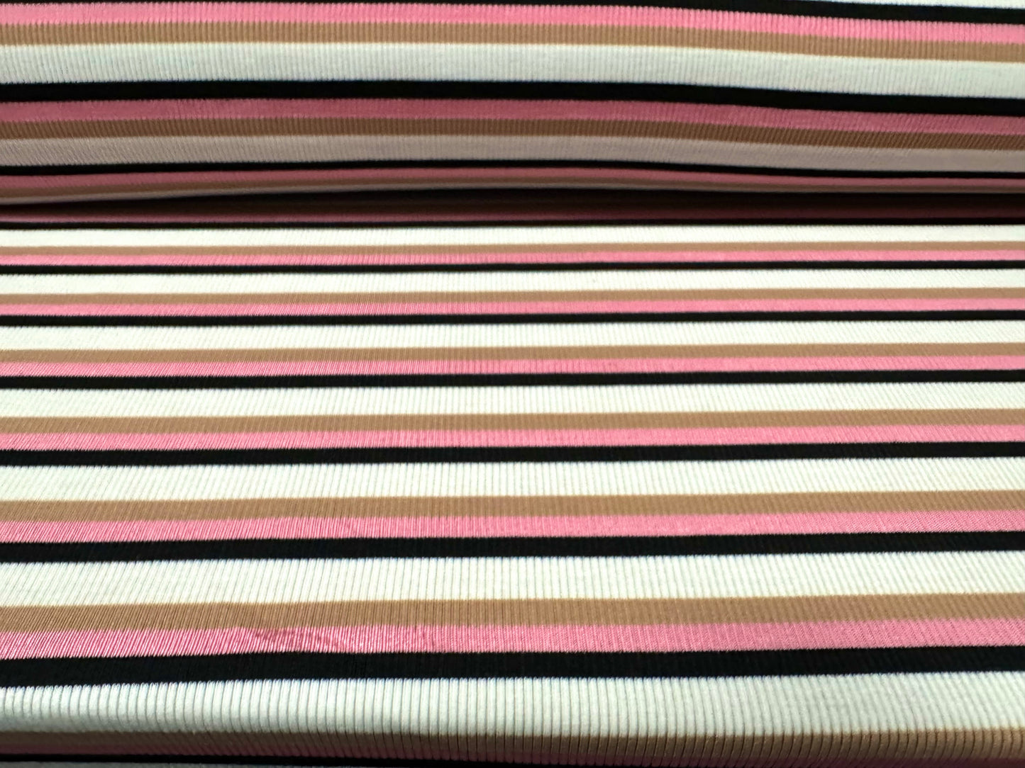 Stretch Spandex rib jersey fabric, per metre - stripe - ivory, camel & pink