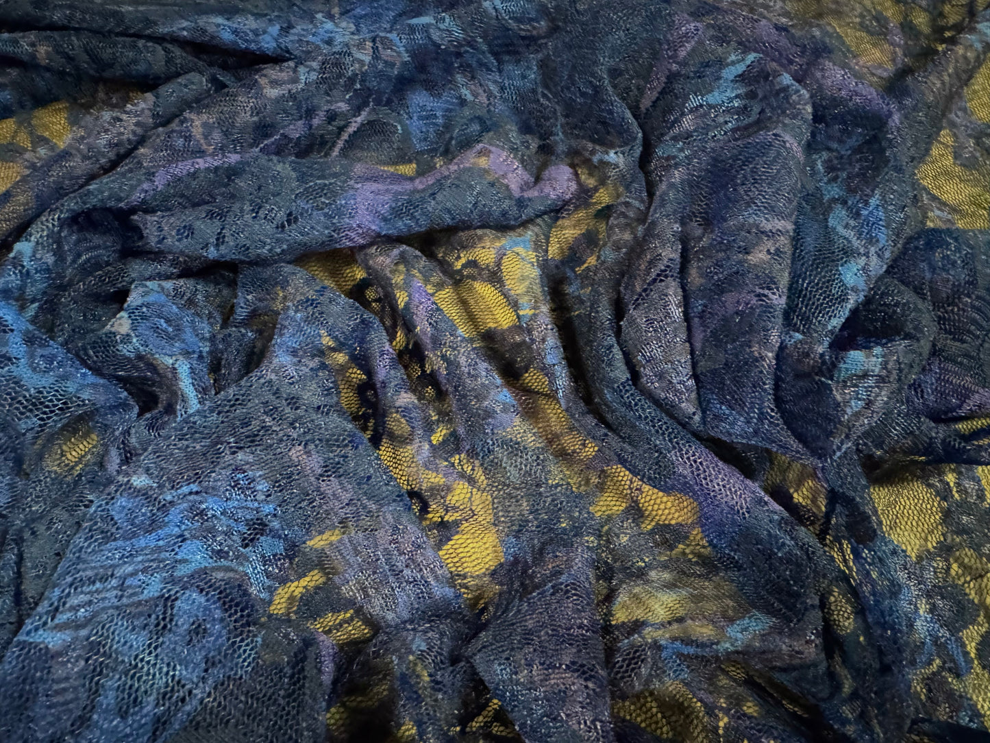 Stretch spandex mesh lace fabric, per metre - leopardskin swirl print - blue & purple