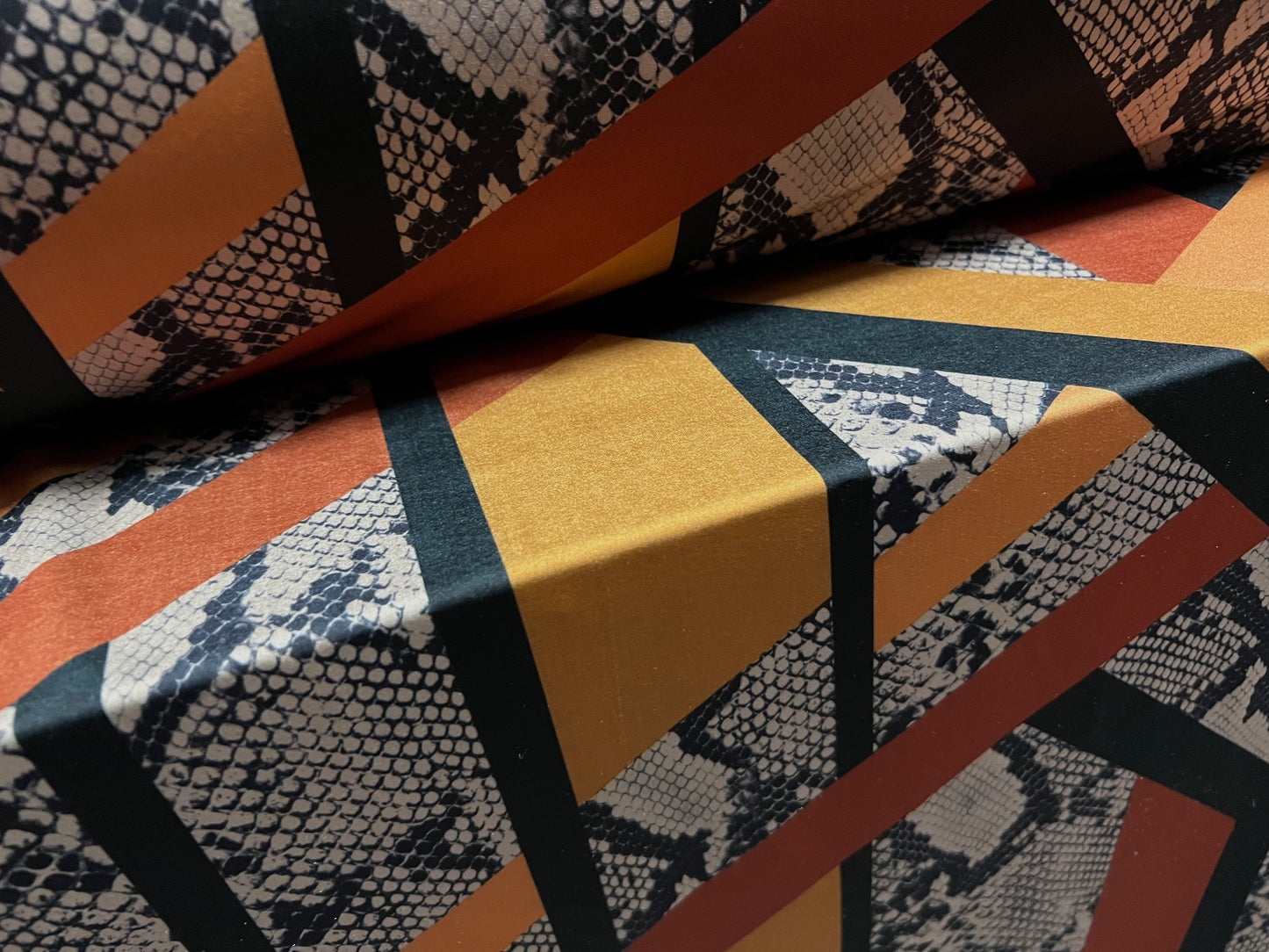 Swimwear stretch spandex jersey fabric, per metre - retro geometric snakeskin print - saffron & brown