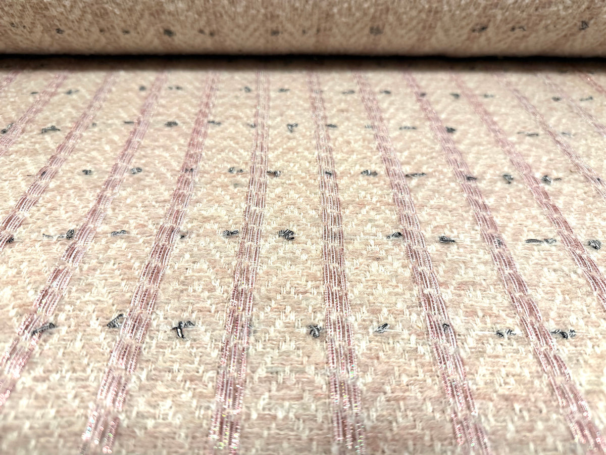 Heavyweight wool bouclé fabric, per metre - herringbone - pink metallic stripe
