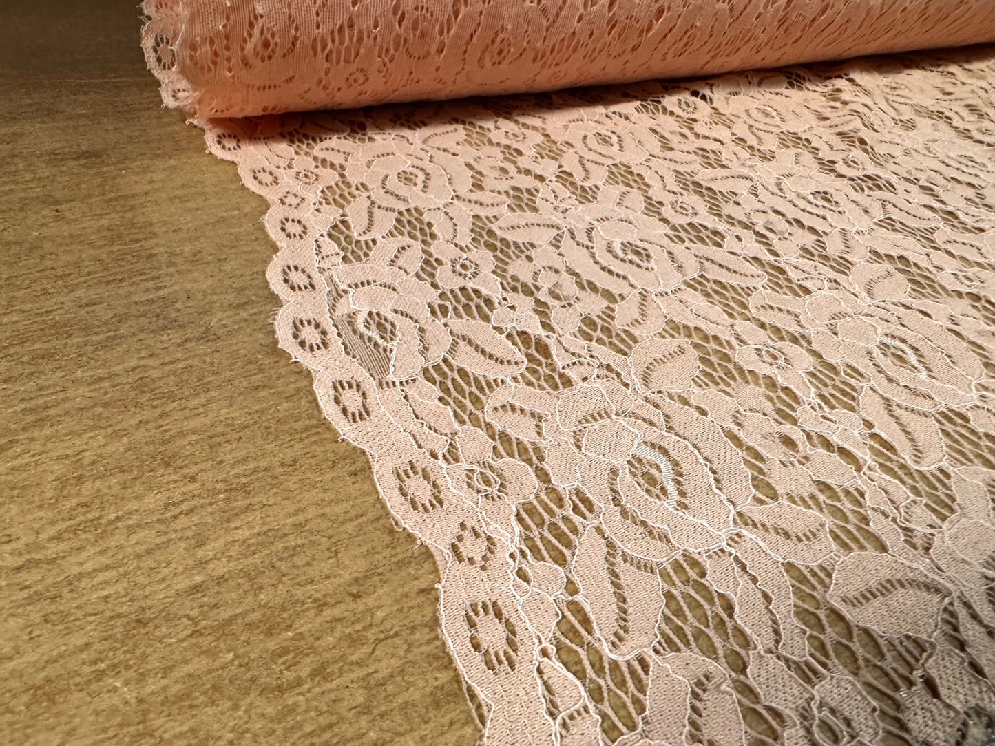 Corded stretch lace dress fabric, per metre - scalloped selvedge - floral - warm pink