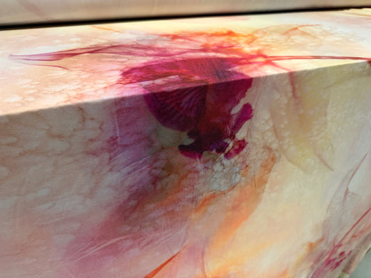 Soft touch stretch spandex single jersey fabric, per metre - watercolour lily print - fuchsia & peach