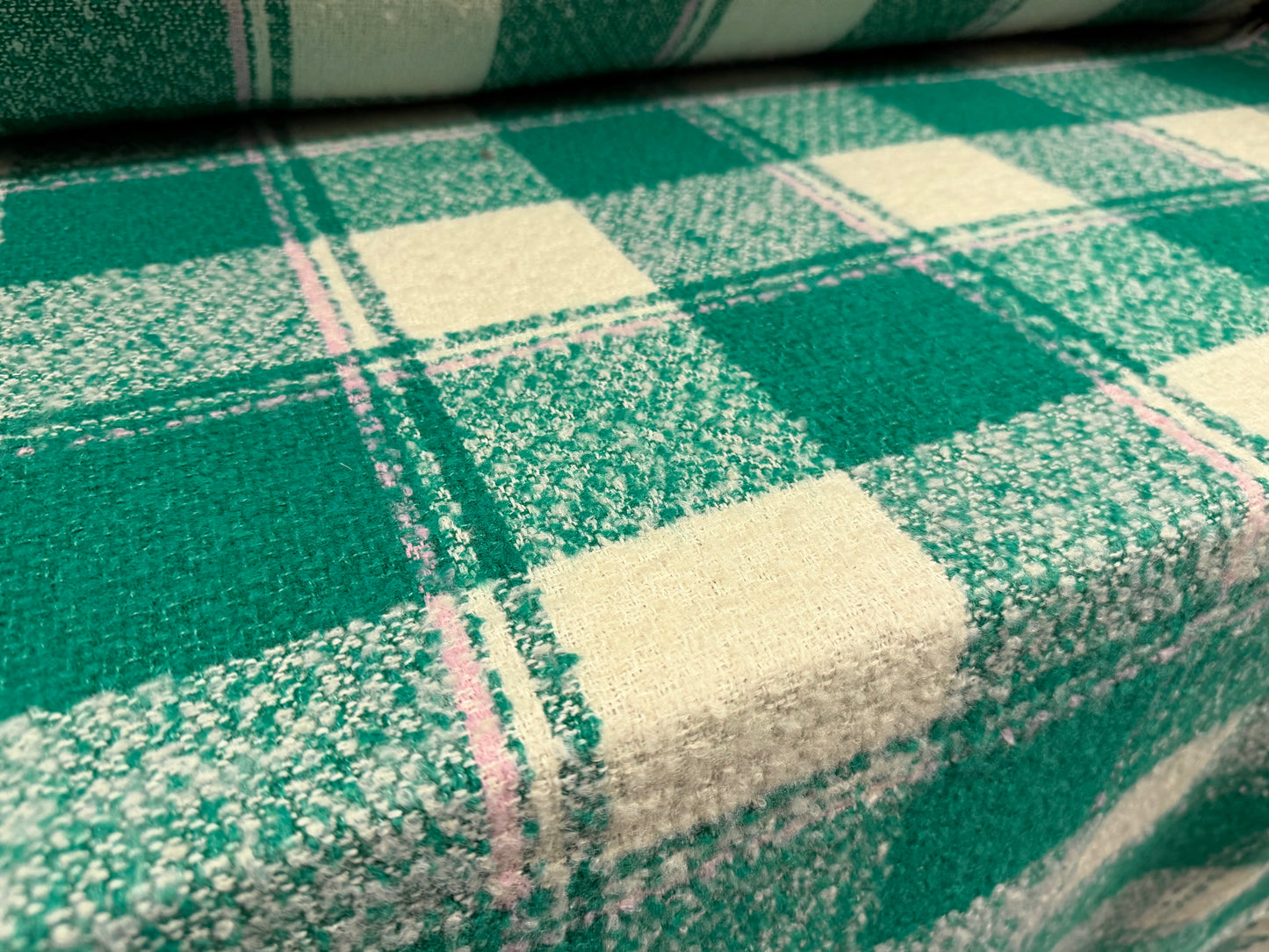 Wool bouclé fabric, per metre - check - emerald green white & pink