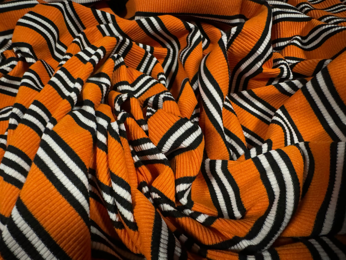 Stretch Spandex rib jersey fabric, per metre - stripe - orange black & white