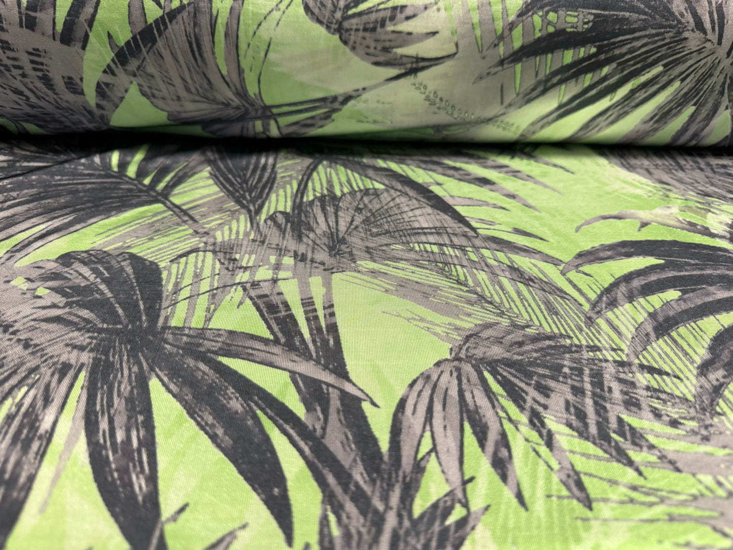 Disco stretch single jersey fabric, per metre - Palm Tree Fronds print - green & grey