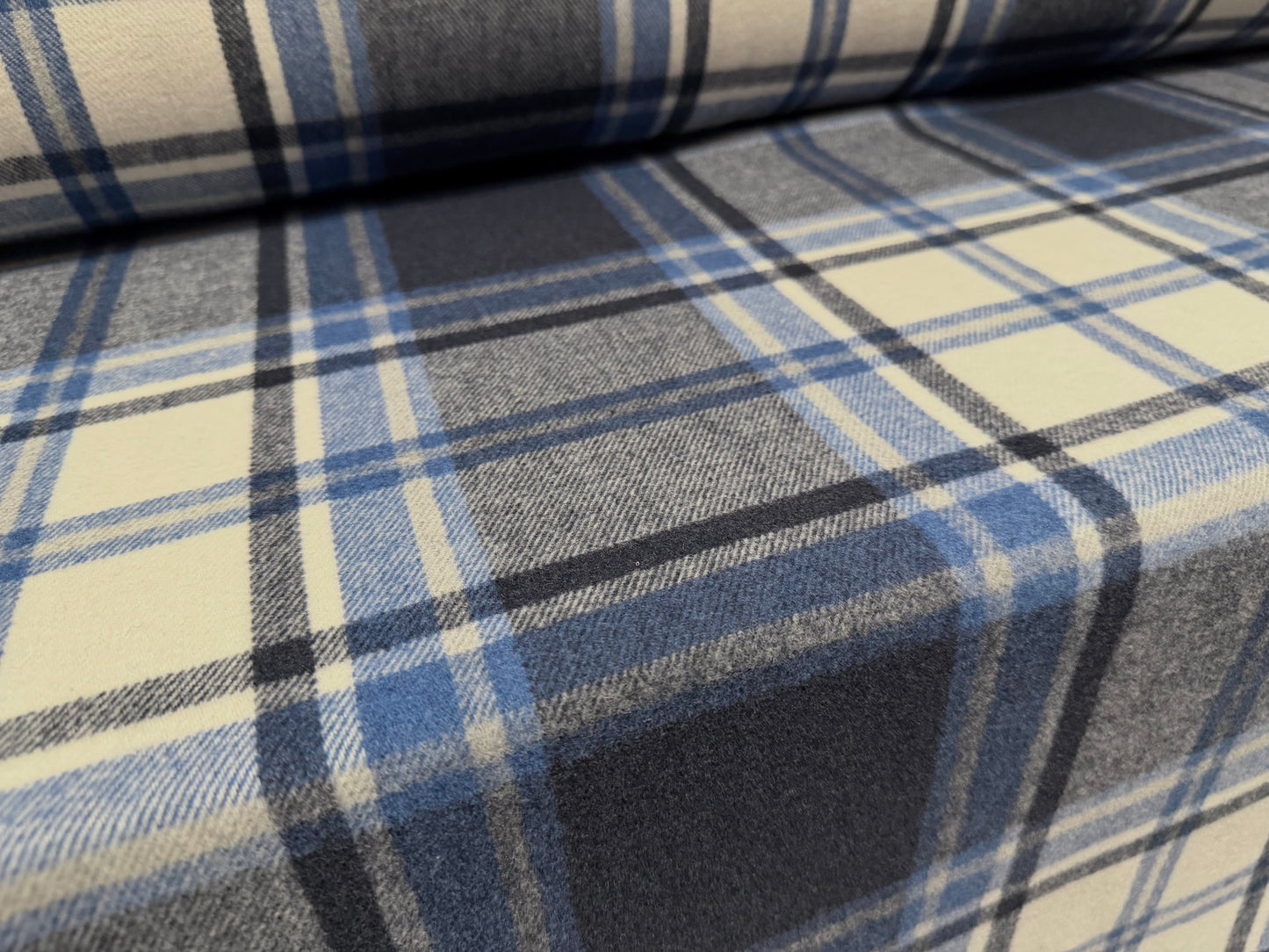 Heavyweight wool flannel fabric, per metre - plaid check - denim blue