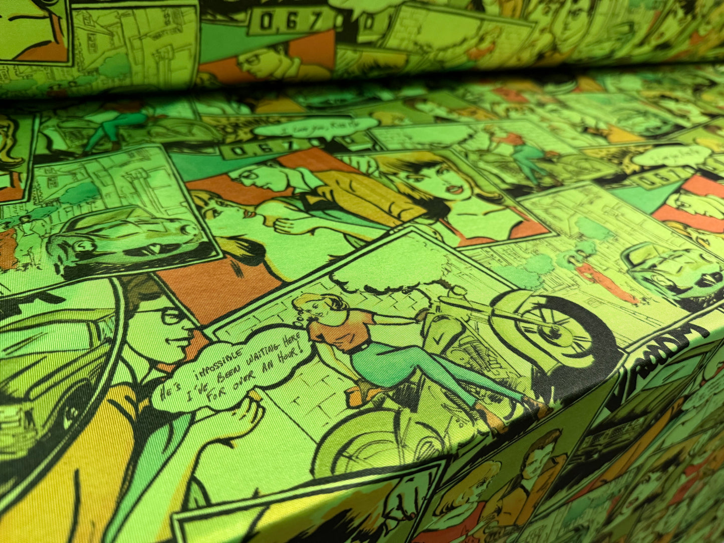 Stretch spandex single jersey fashion fabric, per metre - comic strip cartoon print - bright green