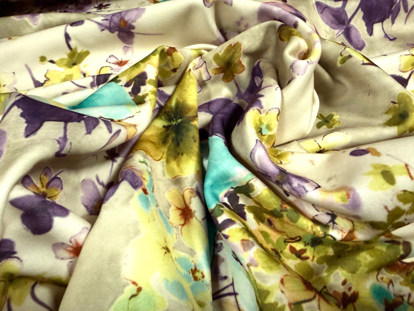 Scuba stretch spandex double jersey dress fabric, per metre - floral print - sage cream & turquoise