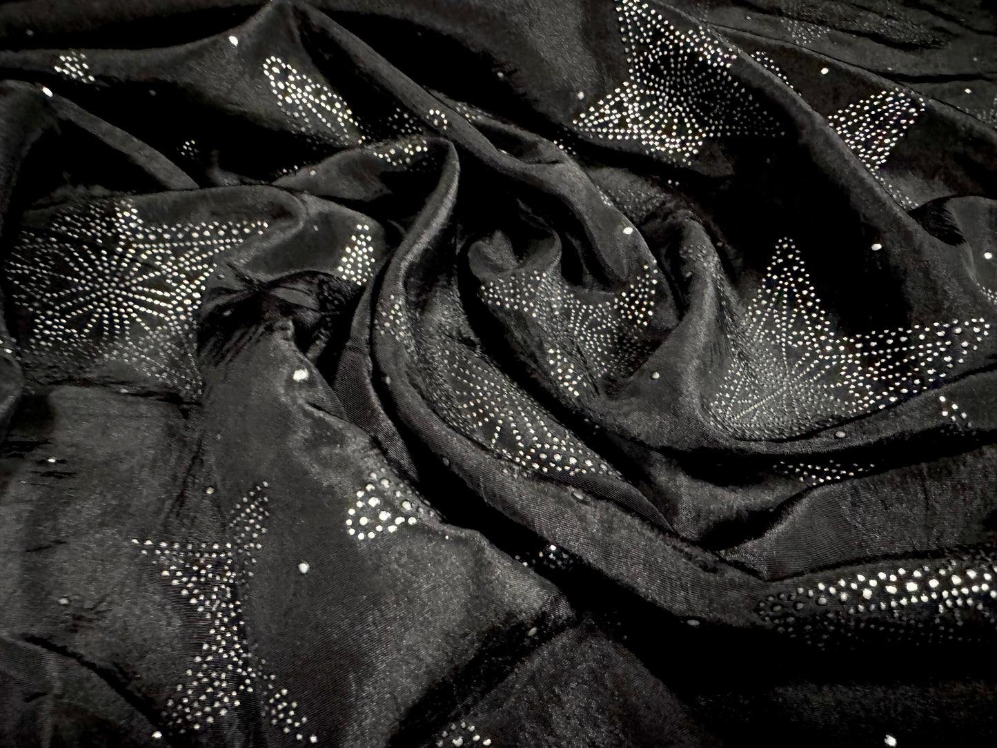 Taffeta faux silk fabric - metallic stars print - black & silver