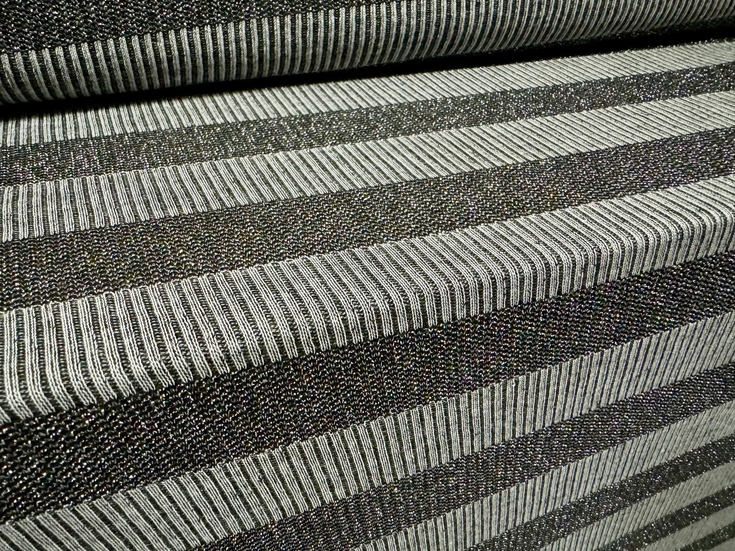 Metallic ribbed jersey knit fashion fabric, per metre -  grey with nickel lurex stripe