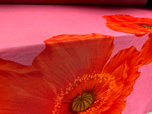 Power mesh net stretch spandex fabric, per metre - jumbo flower print - pink & orange