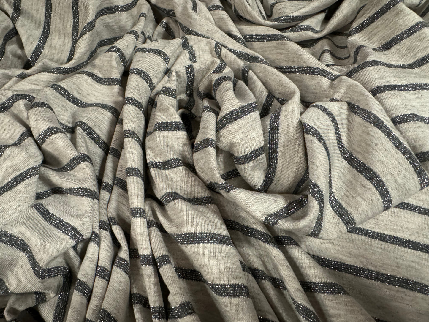 Metallic viscose spandex stretch single jersey fabric, per metre - stripe - ecru with dark silver lurex