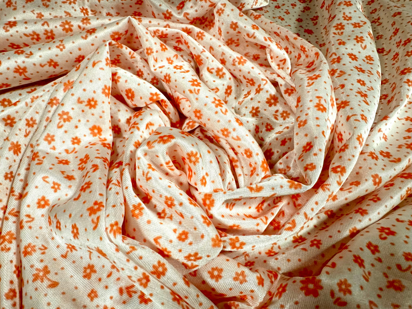 Angelique lightweight sateen jersey fabric, per metre - ditsy floral print - orange & white