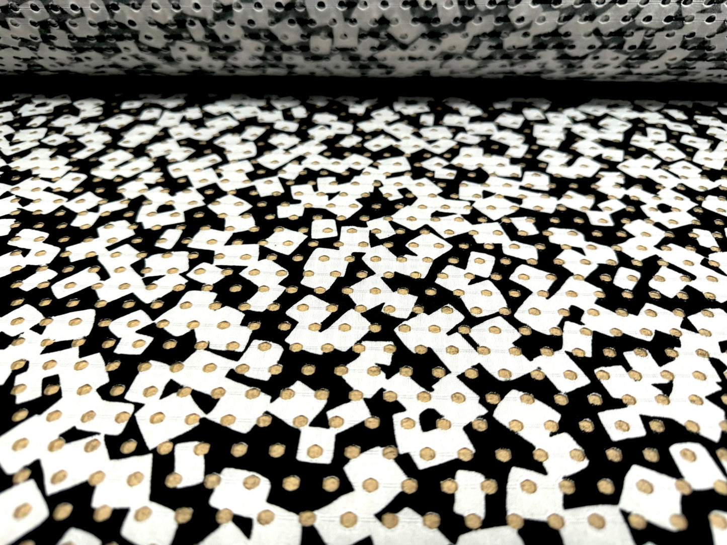 Stretch spandex jersey burnout fabric, per metre - stylised geometric print - black & white