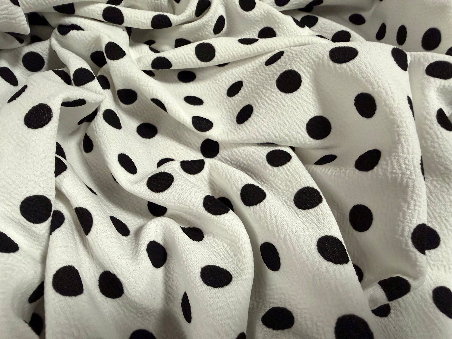 Liverpool scuba stretch spandex double jersey fabric, per metre - polka dot print - white & black
