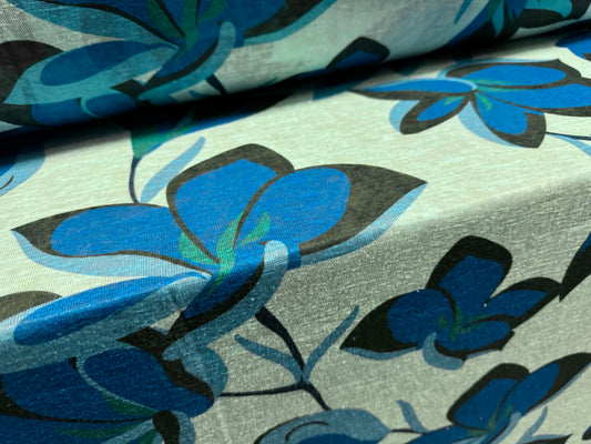 Thick & thin single jersey fashion fabric, per metre - jumbo flower print - aqua & royal blue