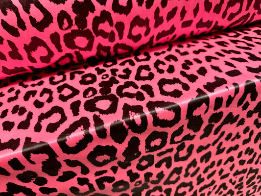 Ciré p.u. coated stretch single jersey fabric, per metre - cheetah animal print - hot pink